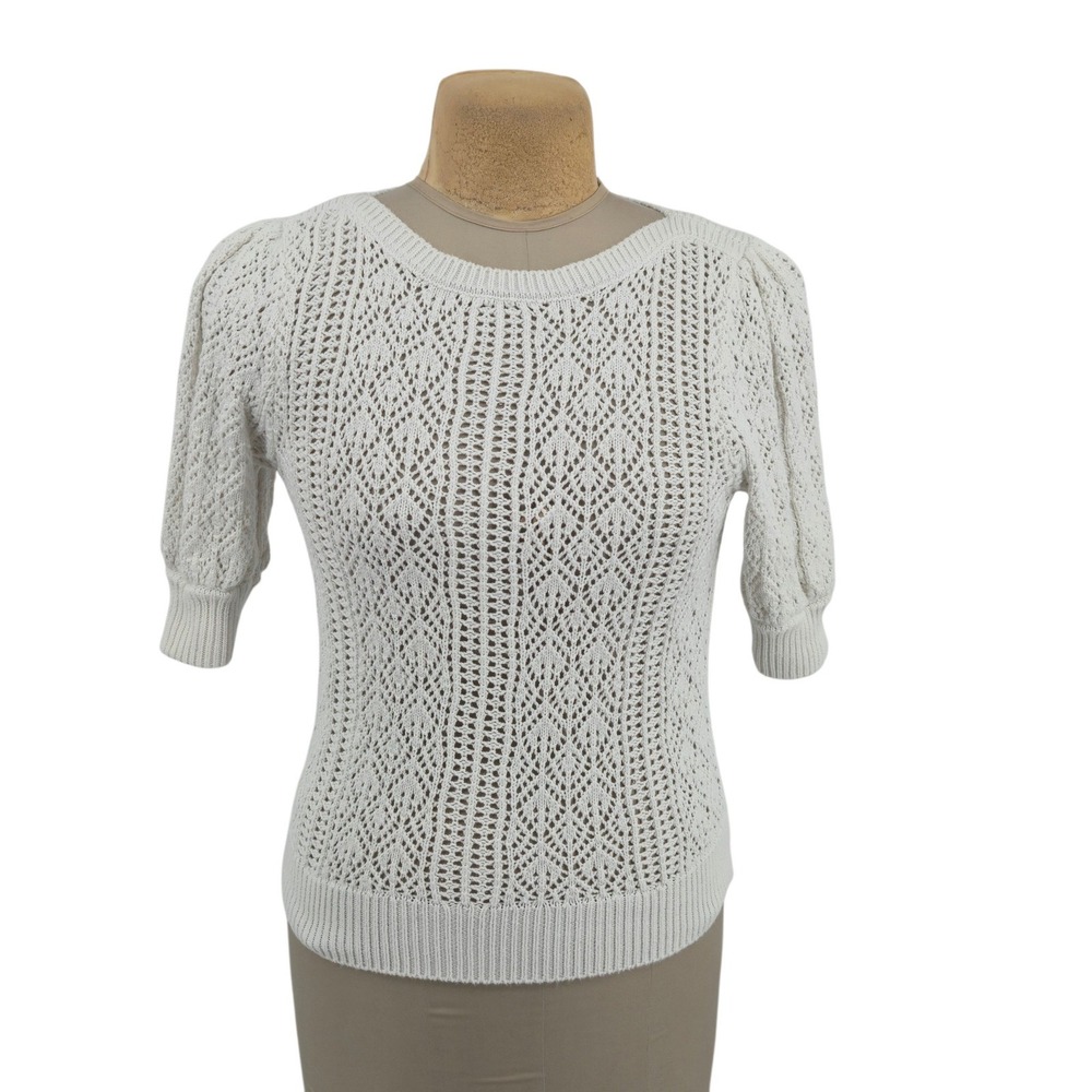 Elie Tahari Pointelle Knit Top S Cream Short Sleeve Cotton Pullover Classic Chic
